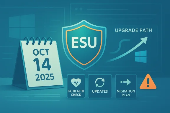 ESU upgrade path illustration with Oct 14, 2025 calendar and PC health, updates, migration icons.