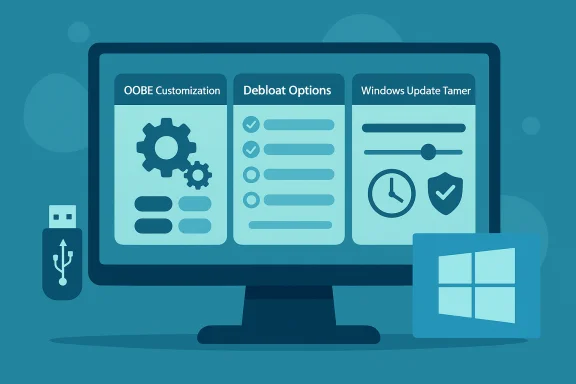 A monitor displays three panels: OOBE Customization, Debloat Options, and Windows Update Tamer.