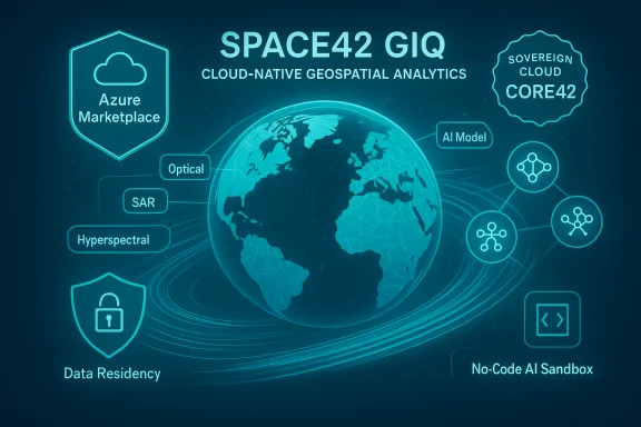 SPACE42 GIQ: cloud-native geospatial analytics illustrated with a glowing globe and icons. SPACE42 GIQ: cloud-native geospatial analytics illustrated with a glowing globe and icons.