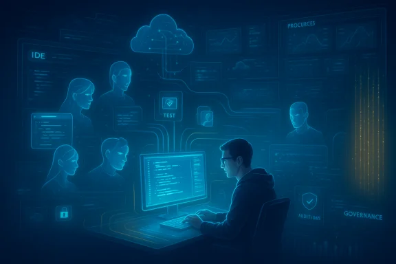 A programmer sits at a glowing desk, surrounded by holographic dashboards and cloud data. A programmer sits at a glowing desk, surrounded by holographic dashboards and cloud data.