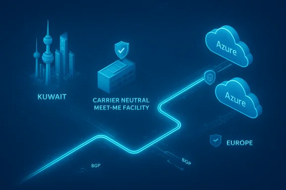 Kuwait's skyline connects to Azure cloud via a carrier-neutral meet-me facility in Europe.