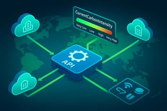A blue API hub links cloud services and devices to monitor current carbon intensity.