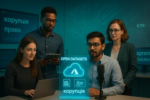 A diverse team analyzes open datasets on corruption with a holographic display.