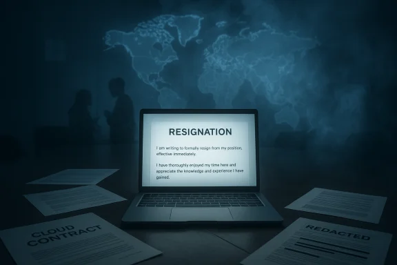 Laptop on a desk displays a resignation letter with scattered papers and a world map backdrop.