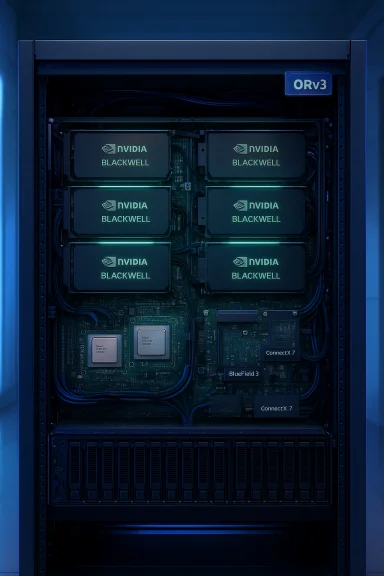 Server rack featuring NVIDIA Blackwell GPUs and network cards in a data center.