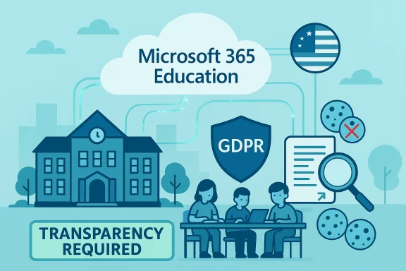 Illustration of Microsoft 365 Education with a GDPR shield and Transparency Required sign beside students.