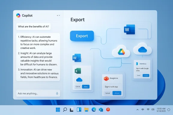 AI Copilot interface displays an Export workflow connecting Word, Drive, and cloud apps.