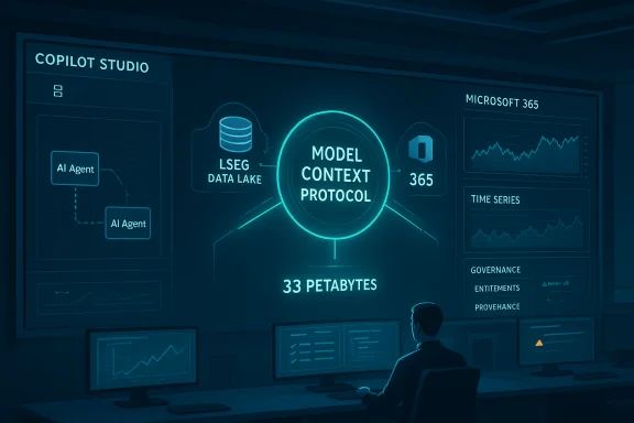 A futuristic control room displays a holographic dashboard titled 'Model Context Protocol' with AI agents and data analytics.