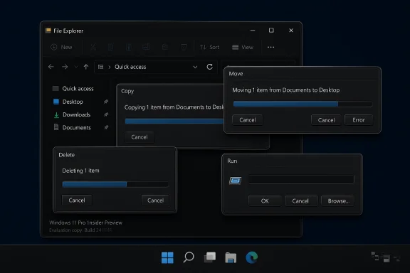 Dark-themed Windows 11 File Explorer with multiple floating progress dialogs (Copy, Move, Delete, Run).