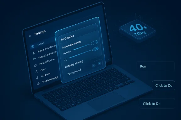 Laptop displays AI Copilot settings in a futuristic UI with a 40+ TOPS chip.