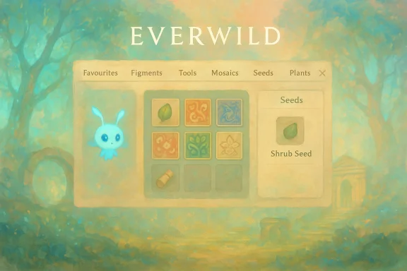 Dreamlike forest scene featuring the Everwild UI, a blue bunny, and seed mosaics.