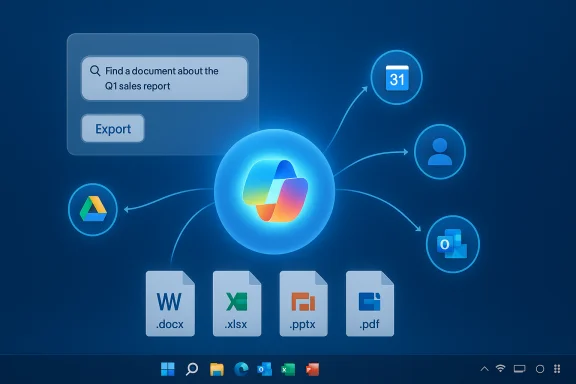 A central hub connects Drive and Office apps, plus calendar and contacts, to locate and export the Q1 sales report.