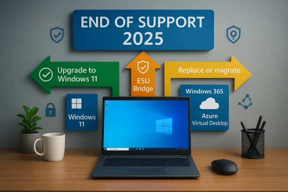 Desk scene promoting Windows 11 upgrade as End of Support 2025 looms.