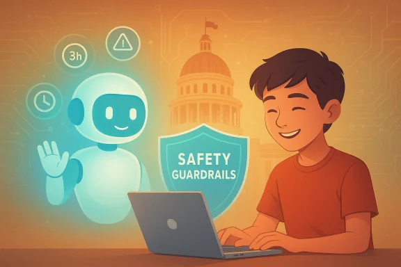 A friendly robot waves at a person typing on a laptop, beside a 'Safety Guardrails' shield.