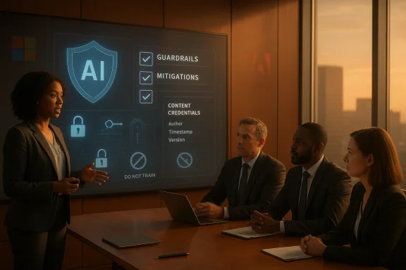 A presenter explains AI safety safeguards to a team in a conference room.