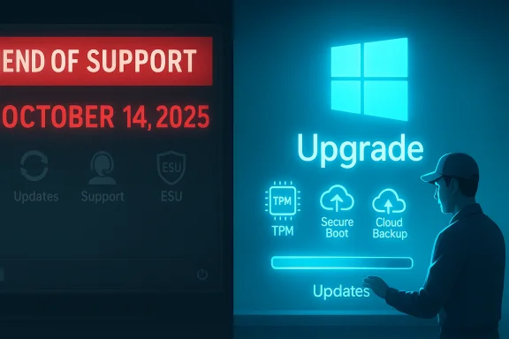 Split-screen poster: End of Support date on the left, glowing “Upgrade” with Windows icons on the right.