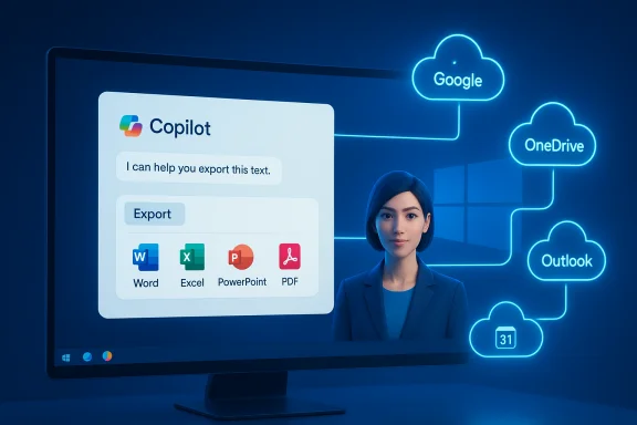 Copilot on screen exports text to Word/Excel/PowerPoint/PDF beside neon cloud icons for Google, OneDrive, Outlook.