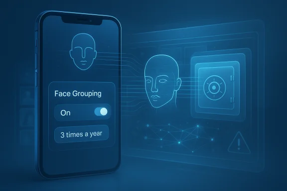 Phone screen shows Face Grouping toggle and biometric security schematic in neon blue.