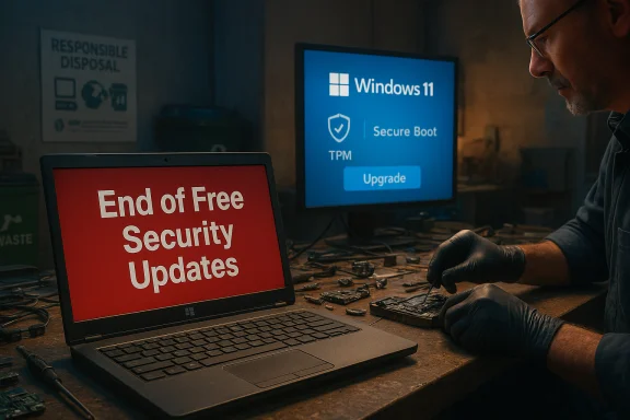 A technician in gloves repairs a laptop while its screen reads 'End of Free Security Updates.'