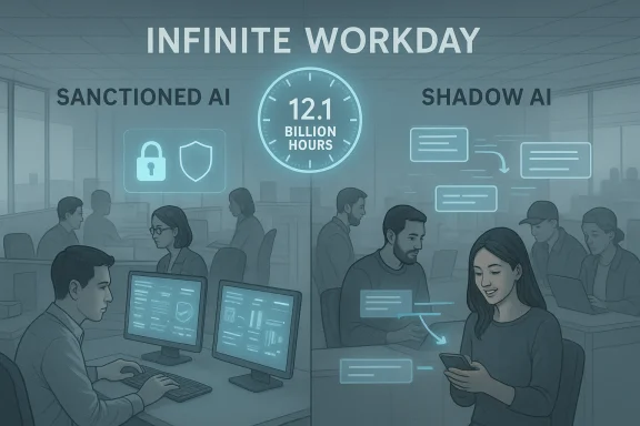 Office split between sanctioned AI and shadow AI, with a 12.1 billion hours clock.