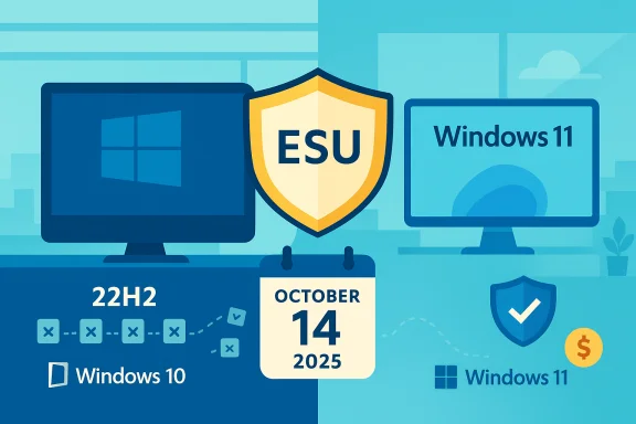 ESU shield between Windows 10 and Windows 11 logos, Oct 14, 2025.