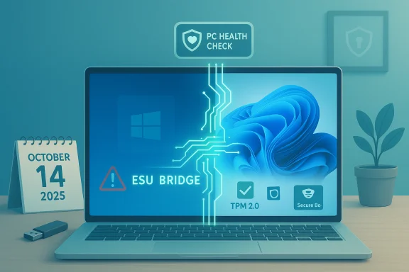 A laptop displays PC Health Check with security icons, TPM 2.0 and Secure Boot.