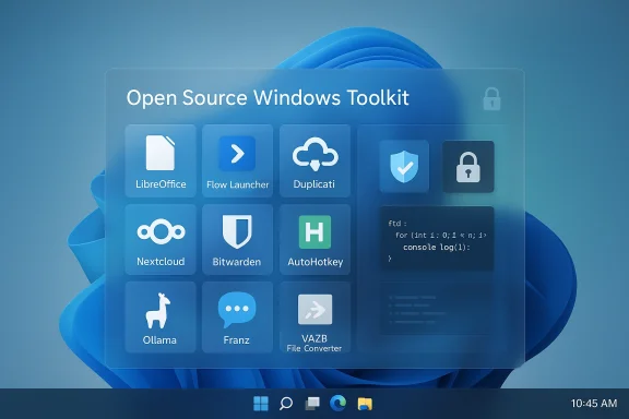 Open Source Windows Toolkit panel with app icons on a Windows desktop. Open Source Windows Toolkit panel with app icons on a Windows desktop.