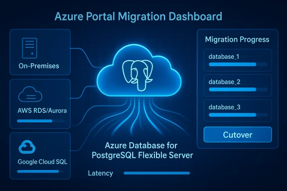 Azure Portal Migration Dashboard visualizing migrations to Azure Database for PostgreSQL Flexible Server.