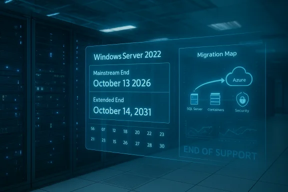 Blue holographic dashboard in a data center shows Windows Server 2022 timelines and Azure migration.