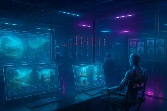 A neon-lit control room where robotic operators monitor cinematic scenes on holographic screens.