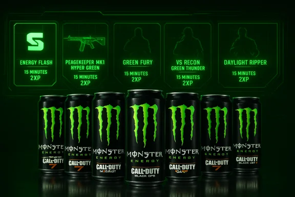 Seven Monster Energy cans sit in front of a neon green Call of Duty promotional display.