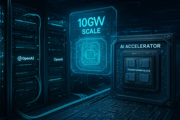 Futuristic data center with OpenAI racks and a blue holographic 10GW scale AI accelerator.