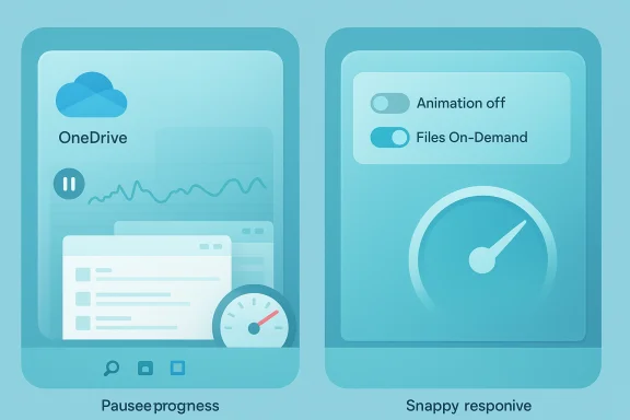 Split-screen UI: left shows paused OneDrive, slow; right shows snappy, responsive interface.