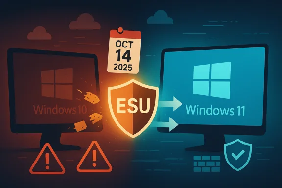 Illustration of Windows 10 transitioning to Windows 11 with an ESU shield and security icons.
