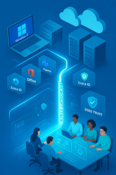 Microsoft security stack visuals with Windows 11 laptop, cloud servers, and a team around a digital dashboard.