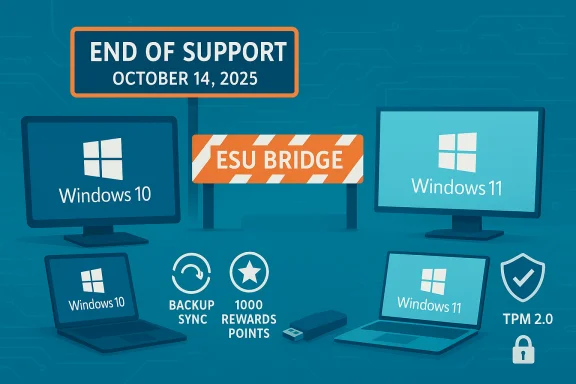 End of support on October 14, 2025, with an ESU Bridge between Windows 10 and Windows 11.