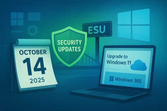 October 14, 2025 calendar with a security updates shield and Windows 11 upgrade on a laptop.