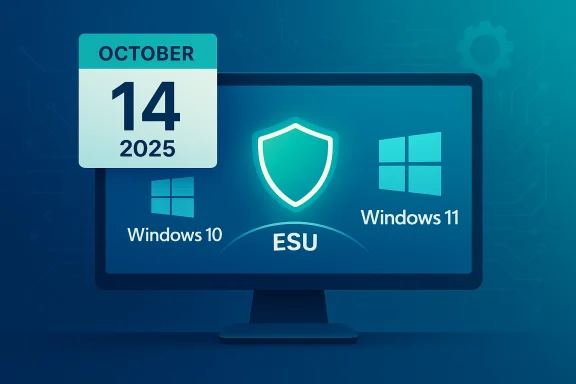 Monitor displays Windows 10 and 11 logos with an ESU shield and an October 14, 2025 calendar.