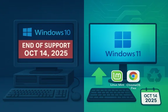 Windows 10 ends support on Oct 14, 2025; upgrade to Windows 11 or other OS options.