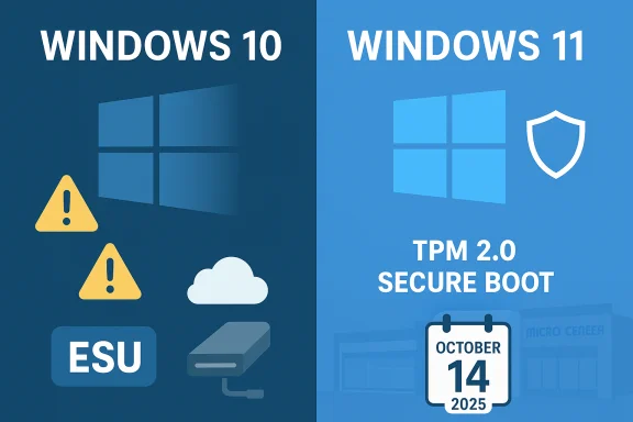 Split image: Windows 10 with warning icons vs Windows 11 with TPM 2.0 Secure Boot and Oct 14, 2025.