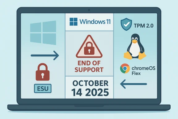 Laptop screen displays Windows 11, TPM 2.0, Chrome OS, Linux penguin, and an “End of Support” note dated Oct 14, 2025.