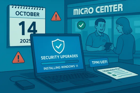 Security upgrades on a laptop show Windows 11 installing at a tech store, with a calendar and warning icons.