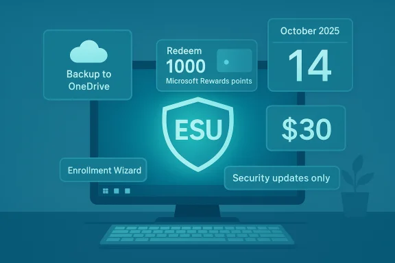 Teal infographic shows ESU security dashboard with backup to OneDrive, rewards points, enrollment wizard, and updates.