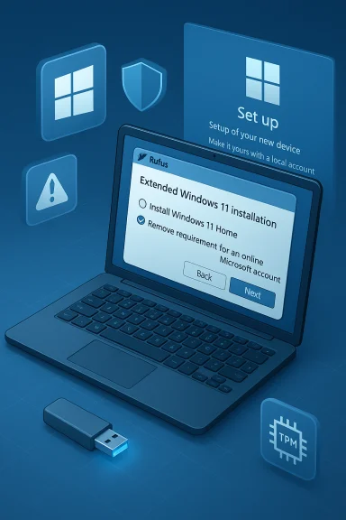 Blue, isometric laptop displaying Windows 11 setup, with USB drive and TPM icon.