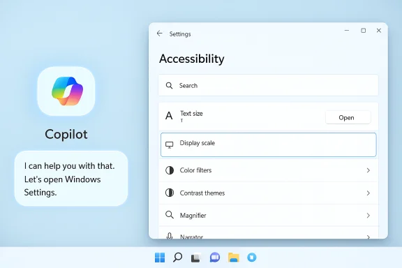 Copilot beside the Windows Settings Accessibility panel.