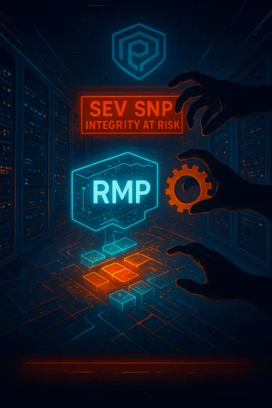 Neon blue RMP cube hovers in a dark data center as a red SEV SNP Integrity at Risk warning glows.
