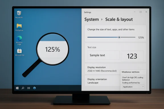 Windows desktop with a magnifying glass at 125% zoom and a right-side Scale & layout panel.