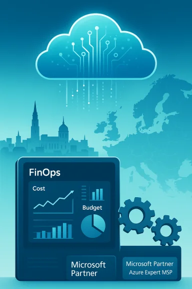 Cloud FinOps dashboard with charts and gears, labeled Microsoft Partner and Azure Expert MSP. Cloud FinOps dashboard with charts and gears, labeled Microsoft Partner and Azure Expert MSP.