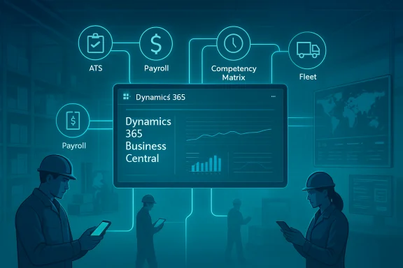 Dynamics 365 Business Central dashboard showing payroll, ATS, competency matrix, and fleet.
