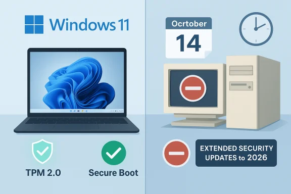 Windows 11 laptop with TPM 2.0 and Secure Boot, while older PC gets Extended Security Updates to 2026.